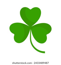 Flat shamrock icon. Clover three leaves logo. Green floral sticker. Trefoil sign. St Patricks Day decoration for greeting card. Irish tradition motif, ornament element. Vector illustration EPS 10.