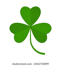 Flat shamrock icon. Clover three leaves logo. Green floral sticker. Trefoil sign. St Patricks Day decoration for greeting card. Irish tradition motif, ornament element. Vector illustration EPS 10.