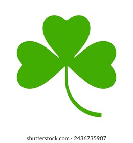 Flat shamrock icon. Clover three leaves logo. Green floral sticker. Trefoil sign. St Patricks Day decoration for greeting card. Irish tradition motif, ornament element. Vector illustration EPS 10.