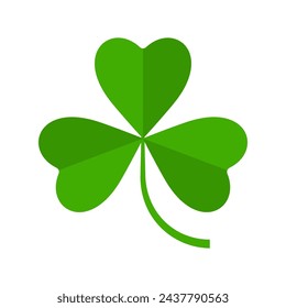 Flat shamrock icon. Clover three leaves logo. Green floral sticker. Trefoil sign. St Patricks Day decoration for greeting card. Irish tradition motif, ornament element. Vector illustration EPS 10.