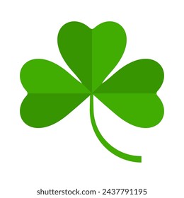 Flat shamrock icon. Clover three leaves logo. Green leaves floral symbol. Trefoil sign. St Patricks Day decoration, greeting card. Irish tradition motif, ornament element. Vector illustration EPS 10.