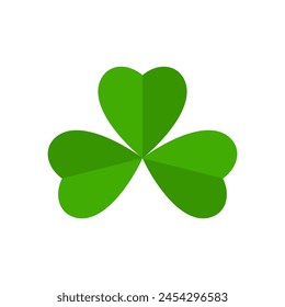 Flat shamrock icon. Clover three leaves logo. Green floral sticker. Trefoil sign. St Patricks Day decoration for greeting card. Irish tradition motif, ornament element. Vector illustration EPS 10.