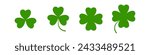 Flat shamrock icons set. Clover three and four leaves logo. Green floral symbol. St Patrick Day decoration for greeting card. Irish tradition motif, ornament element. Vector illustration EPS 10.