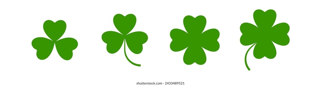 Flat shamrock icons set. Clover three and four leaves logo. Green floral symbol. St Patrick Day decoration for greeting card. Irish tradition motif, ornament element. Vector illustration EPS 10.