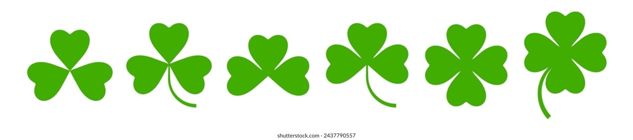 Flat shamrock icons set. Clover three and four leaves logo. Green floral symbol. St Patrick Day decoration for greeting card. Irish tradition motif, ornament element. Vector illustration EPS 10.