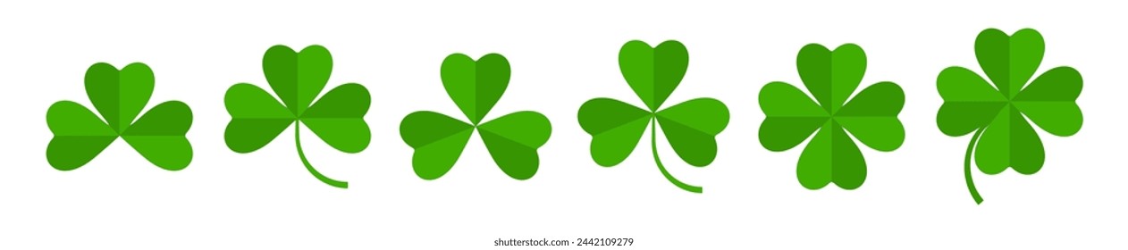 Flat shamrock icons set. Clover three and four leaves logo. Green floral symbol. St Patrick Day decoration for greeting card. Irish tradition motif, ornament element. Vector illustration EPS 10.