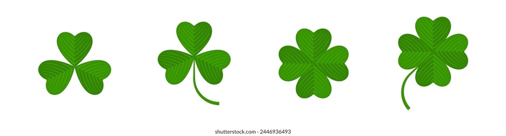 Flat shamrock icons set. Clover three and four leaves logo. Green floral symbol. St Patrick Day decoration for greeting card. Irish tradition motif, ornament element. Vector illustration EPS 10.