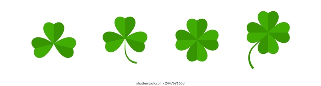 Flat shamrock icons set. Clover three and four leaves logo. Green floral symbol. St Patrick Day decoration for greeting card. Irish tradition motif, ornament element. Vector illustration EPS 10.