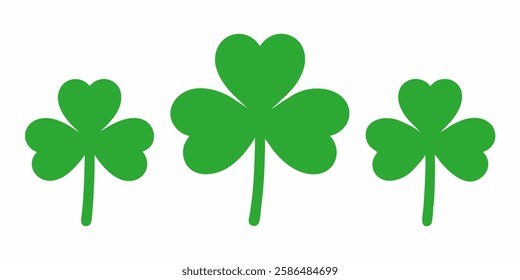 Flat shamrock icons set. Clover three and four leaves logo. Green floral symbol. St Patrick Day decoration for greeting card. Irish tradition motif, ornament element. Vector illustration on a white 