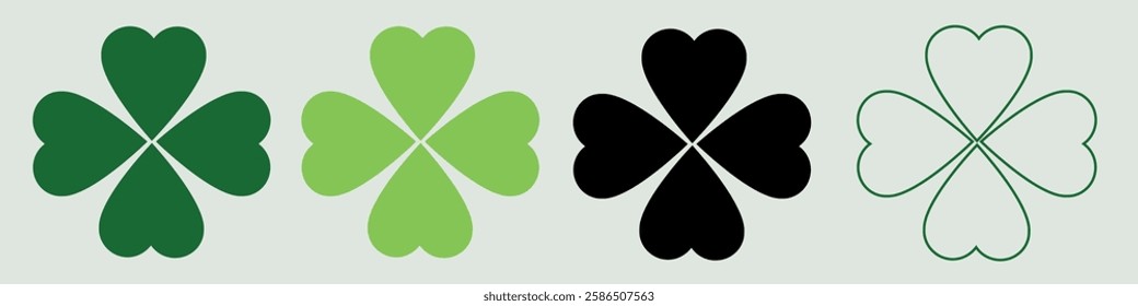 Flat shamrock icons set. Clover three and four leaves logo. Green floral symbol. St Patrick Day decoration for greeting card. Irish tradition motif, ornament element