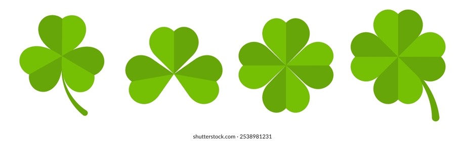 Conjunto de Vector de iconos de trébol plano. Icono de trébol de cuatro hojas. Feliz día de San Patricio. Trébol de hoja sobre fondo aislado. Buena suerte cuatro hojas de trébol de iconos planos para App y Sitios web.