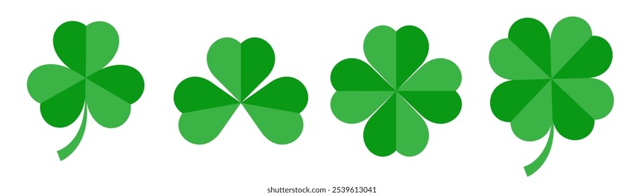 Flache Shamrock-Icons, Vektorsatz. Symbol für vierblättriges Kleeblatt. Happy St Patricks Tag. Kleeblatt einzeln auf Hintergrund. Viel Glück vier Blatt Klee flache Symbole für Apps und Websites.