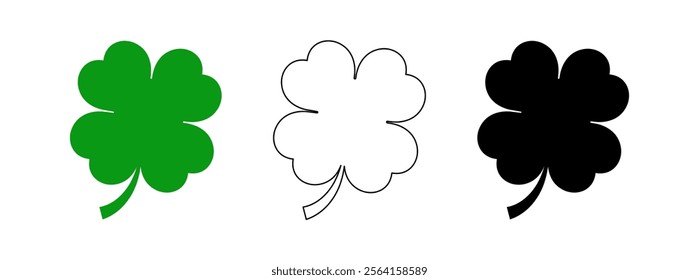 Flat shamrock icons vector set isolated on transparent background. Four leaf clover line icon. St Patricks day leaf clover. Good luck four leaf clover vector icons for apps and and websites. Editable