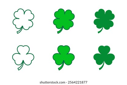 Flat shamrock icons vector set. Four leaf clover icon. Happy St Patricks day. Leaf clover on isolated background. Good luck four leaf clover flat icons for apps and websites.