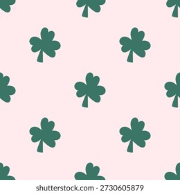 Flat Shamrock Seamless Pattern, Colorful Irish Good Luck Clover Pink Background