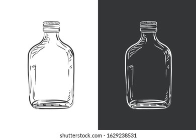 Flat shape glass bottle, sketches isolated black and white graphic design. Vector illustration.