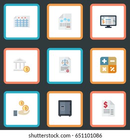 Flat Sheet, Safe, Algebra And Other Vector Elements. Set Of Registration Flat Symbols Also Includes Account, Bank, Balance Objects.