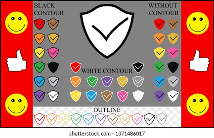 Flat shield icon. Color, outline, black and white contour.