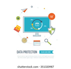 Flat shield icon. Data protection concept. Social network security. Thin line icons.