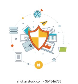 Flat shield icon. Data protection concept. Social network security. Investment security. Color line icons