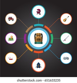 Flat Ship, Barbecue, Caravan And Other Vector Elements. Set Of Camp Flat Symbols Also Includes Caravan, Camper, Barbecue Objects.