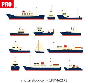 Flat ship icons and silhouettes illustrations eps 10