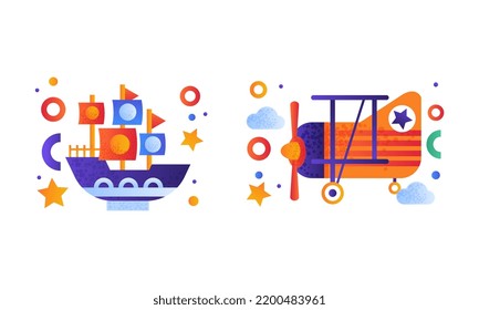 Flat Ship and Plane with Propeller as Air and Sea Vessel Colorful Icon Vector Set