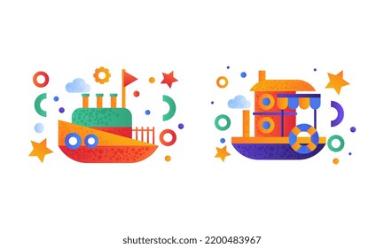 Flat Ship and Sea Vessel Colorful Icon as Seafaring and Marine Cruise Vector Set