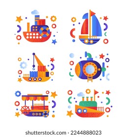 Flat Ship and Sea Vessel Colorful Icon as Seafaring and Marine Cruise Vector Set