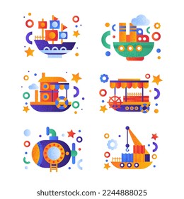 Flat Ship and Sea Vessel Colorful Icon as Seafaring and Marine Cruise Vector Set