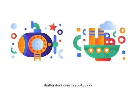Flat Ship and Submarine as Sea Vessel Colorful Icon as Seafaring and Marine Cruise Vector Set