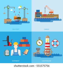 Flat Shipment, Nautical transport in sea port, crane loading cargo on barge, lighthouse vector illustration set. Transportation, Shipping, Delivery concept. Compass, Lifebuoy loader worker character