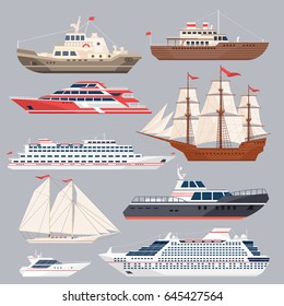 Flat ships. Sea shipping transportation, boat and yacht, cruiser. Vessel, sailboat and cargo ocean ship flat marine traveling vector set
