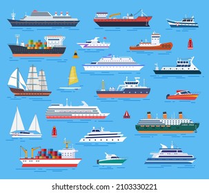 Barcos planos. Barco plano, barco y yates. Crucero marítimo, transporte marítimo y acuático. Ferrocarril de caricaturas y barco con carga, velero. Elementos vectores exactos marinos