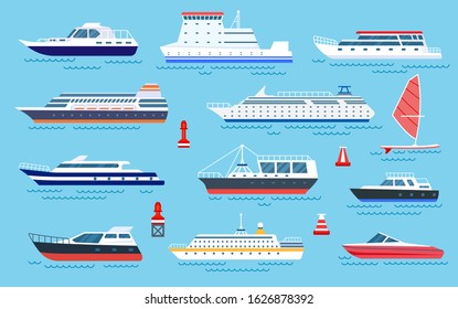 Flat ships. Speed boats, sea transport. Flat cruise yachts, sailboat and motorboat. Cartoon ocean transportation and shipping vector set