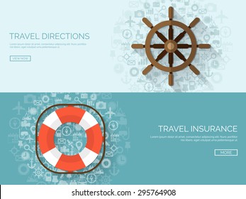 Flat ship's wheel and life buoy. Travel and summer holidays. Vacation  and journey. 