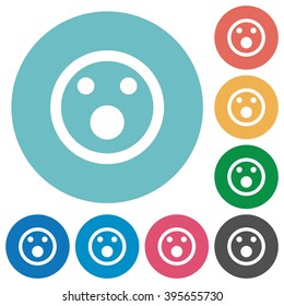 Flat shocked emoticon icon set on round color background.