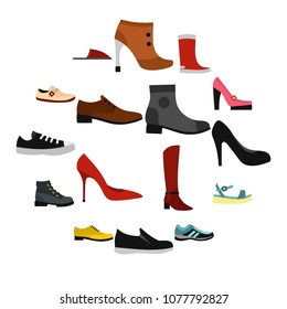Flat shoe icons set. Universal shoe icons to use for web and mobile UI, set of basic shoe elements isolated vector illustration