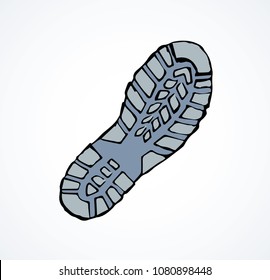 Flat shoeprint leg touch stamp set on white muddy dust backdrop. Line black ink hand drawn bootprint logo emblem in retro art scribble style. Close up detail view with space for text
