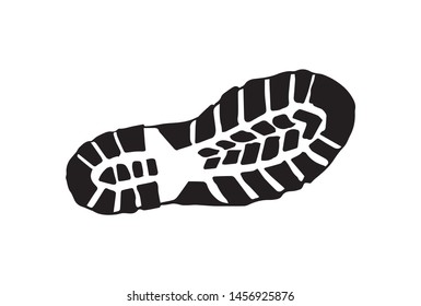 Flat shoeprint leg touch stamp set on white muddy dust backdrop. Line black ink hand drawn bootprint logotype pictogram badge in retro art contour engraved etch style. Detail view with space for text
