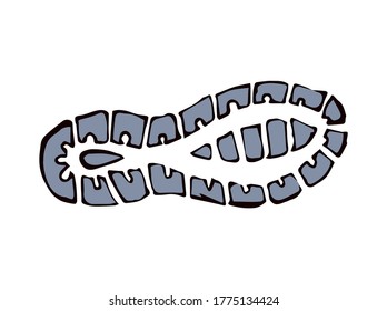 Flat shoeprint leg touch stamp set on white muddy dust backdrop. Line black ink hand drawn bootprint logo emblem badge in retro art scribble contour style pen on paper. Detail view with space for text