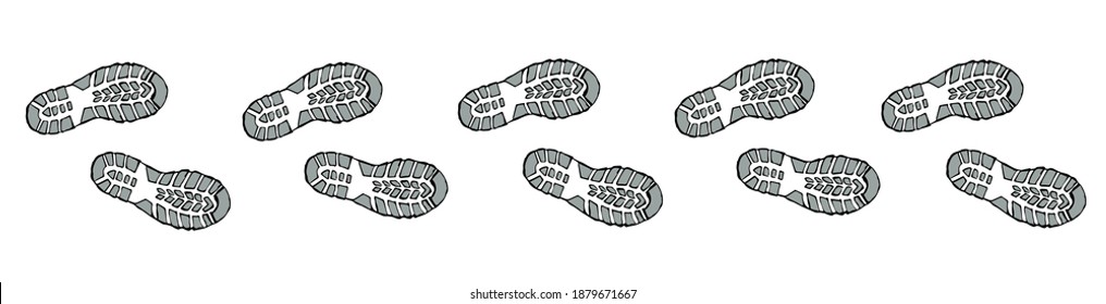 Flat shoeprint leg touch stamp set on white muddy dust backdrop. Line black ink hand drawn bootprint logo emblem badge in retro art scribble contour style pen on paper. Detail view with space for text