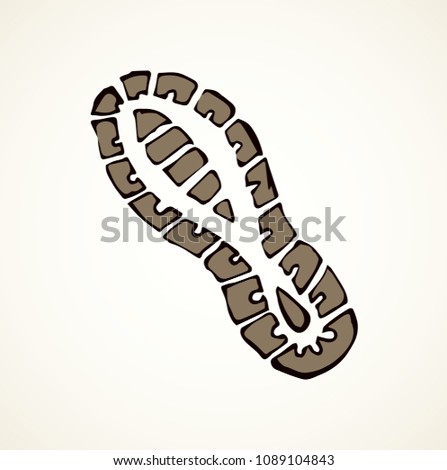 Flat shoeprint leg touch stamp set on white muddy dust backdrop. Line black ink hand drawn bootprint logo emblem badge in retro art scribble contour style pen on paper. Detail view with space for text