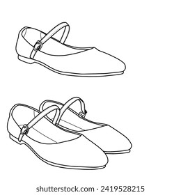 Flat shoes with buckle. Outline vector doodle illustration isolated with a white background. 