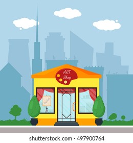 Flat shop store. Shopping mall building with green trees and grass. City background for card, banner, real estate, poster, postcard. Market shop place. Business marketing. Vector illustration.