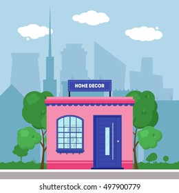 Flat shop store. Shopping mall building with green trees and grass. City background for card, banner, real estate, poster, postcard. Market shop place. Business marketing. Vector illustration.