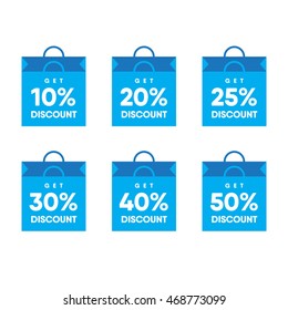 Flat shopping bag icon concept with discount amount written over it.