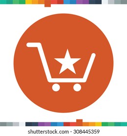 Flat shopping cart icon with a star.
