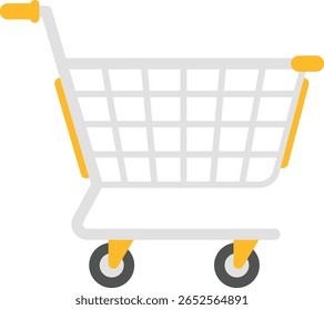 Flat shopping cart with yellow accents and grey frame in side view for ecommerce, supermarket, or retail design