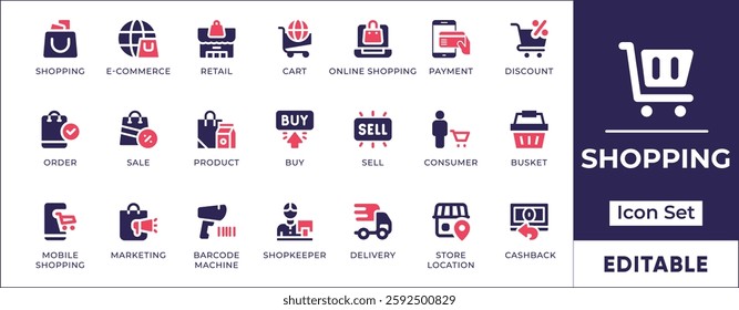 Flat shopping icon set featuring online stores, carts, payments, discounts, product browsing, digital transactions, and retail shopping experiences.